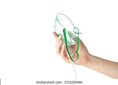 Woman Holding Oxygen Mask Isolated On White Background. Covid 19