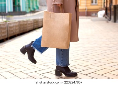 woman holding paper bag with place for text or logo in hands on city street. shopaholic content