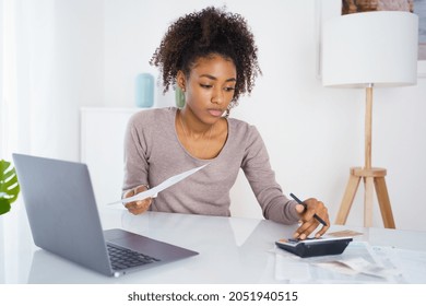 Woman Holding Paper Bill, Paying For Gas, Electricity And Rent