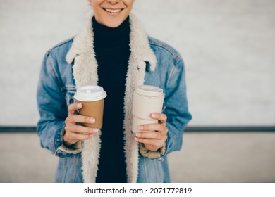 Woman Holding Paper Cup And Reusable Eco Friendly Keep Cup. Zero Waste.