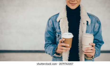 Woman Holding Paper Cup And Reusable Eco Friendly Keep Cup. Zero Waste.