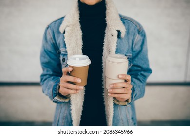 Woman Holding Paper Cup And Reusable Eco Friendly Keep Cup. Zero Waste.