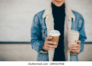 Woman Holding Paper Cup And Reusable Eco Friendly Keep Cup. Zero Waste.