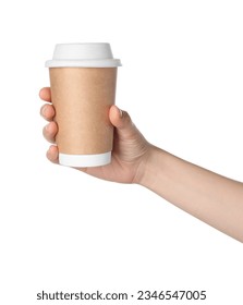 Woman holding paper cup of tasty drink on white background. Coffee to go