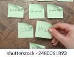 Woman holding paper sticker with name at wooden table, top view. Choosing baby