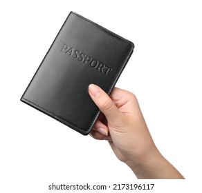 Woman Holding Passport In Black Leather Case On White Background, Closeup