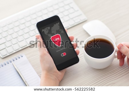 woman holding phone with app vpn creation Internet protocols for protection  private network