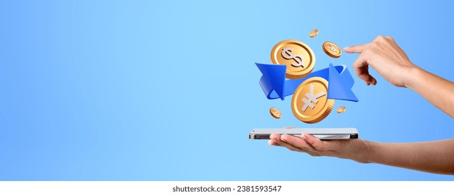 Woman holding phone and finger touch gold dollar and yen or yuan coins, blue arrow on copy space empty background. Concept of mobile banking, money exchange and conversion - Powered by Shutterstock