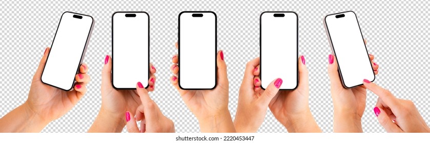 Woman holding phone in hand, screen mockups of different angles and positions - Shutterstock ID 2220453447