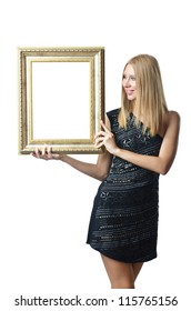 Woman Holding Picture Frame On White