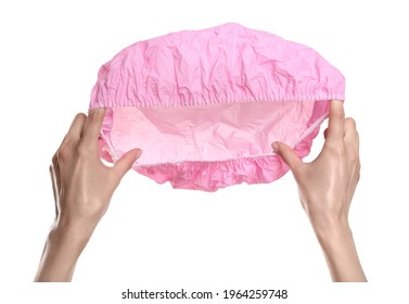 Woman Holding Pink Shower Cap On White Background, Closeup