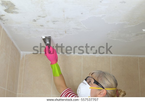 Woman Holding Plaster Spatula Peeling Ceiling Stock Photo Edit