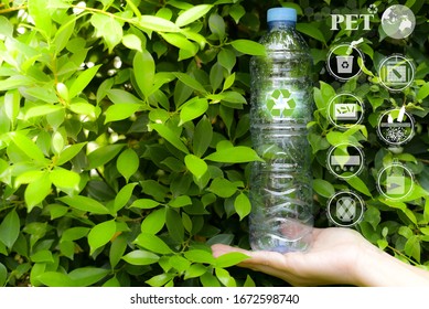 Woman Holding Plastic Bottle With Green Tree Background.Recycle Icon,picking Up Plastic Bottle,PET Icon,Compress Bale Icon,Wash,Cut ,melt Icon&Yarn Icon.Recycle Concept For Save The Environment