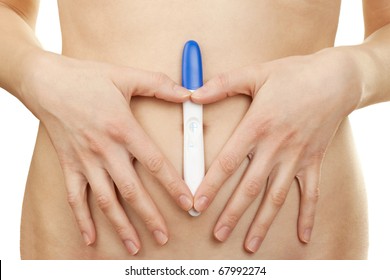 Woman Holding A Positive Pregnancy Test Against White Background