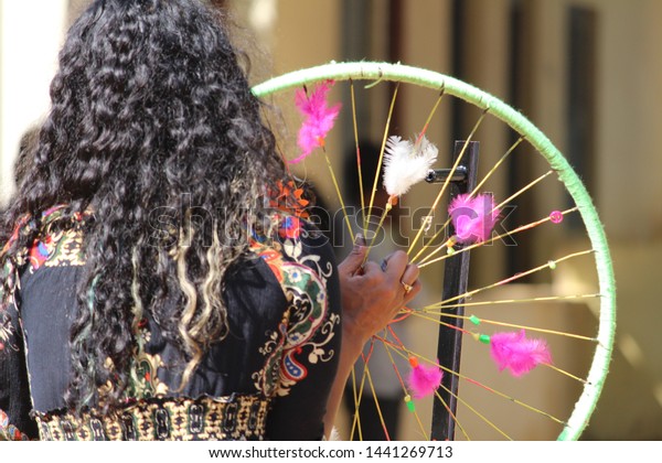 Woman Holding Recycled Cycle Wheel Rim Parks Outdoor Stock Image