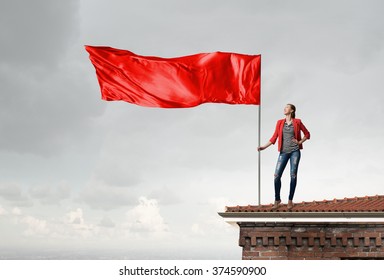 Woman Holding Red Flag