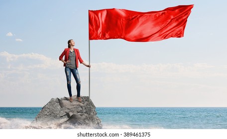 Woman Holding Red Flag