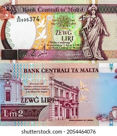 A Woman Holding A Rudder, Symbolising Malta In Control Of Her Own Destiny, 3 Doves Symbolising Peace, United Nations Emblem, Portrait From Malta 2 Liri 1989 Banknotes.