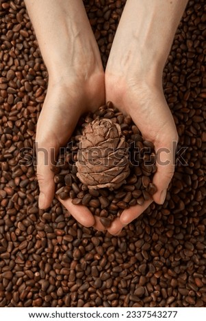 Woman holding shelled pine nuts, closeup, healthylife background concept