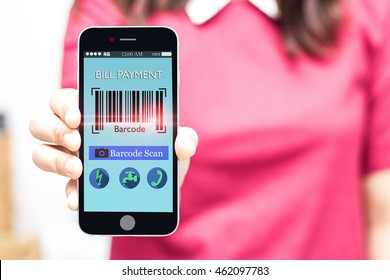 Woman Holding Smart Phone Online Bill Payment With Bar Code Scan,high Key,fake Barcode