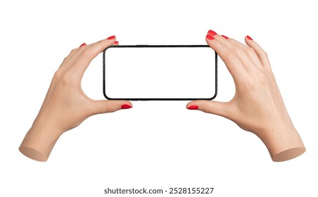 Woman holding a smartphone with a blank screen, hand showing red manicured nails. Mobile device isolated on white background, perfect for business or lifestyle use. Horizontal view - Powered by Shutterstock