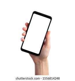 Woman holding smartphone with empty screen isolated on white background. Female hands with phone, space for text