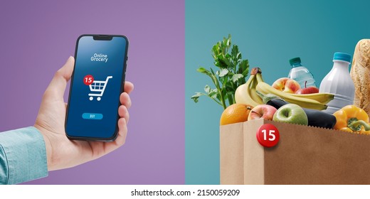 Woman Holding A Smartphone And Ordering Grocery Online, User Interface With Shopping Cart