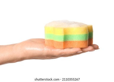 Woman Holding Soapy Bath Sponge On White Background