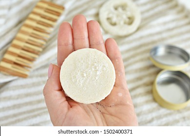 Woman Holding Solid Shampoo Bar With Foam, Zero Waste Bathroom, Natural, Plastic Free Product