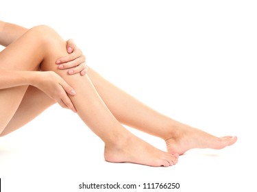 Woman Holding Sore Leg, Isolated On White