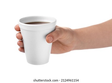 Woman Holding Styrofoam Cup With Coffee On White Background, Closeup