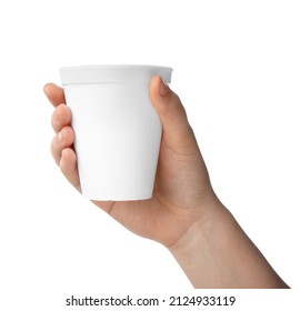 Woman Holding Styrofoam Cup On White Background, Closeup