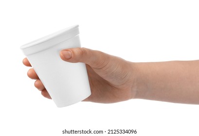 Woman Holding Styrofoam Cup On White Background, Closeup