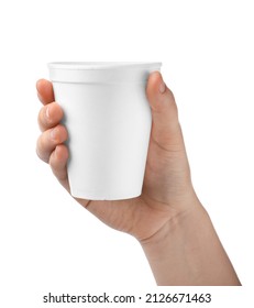 Woman Holding Styrofoam Cup On White Background, Closeup