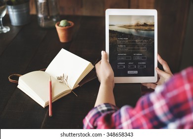 Woman Holding Tablet Flight Booking Search Concept