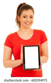 Woman Holding A Tablet Isolated Over White