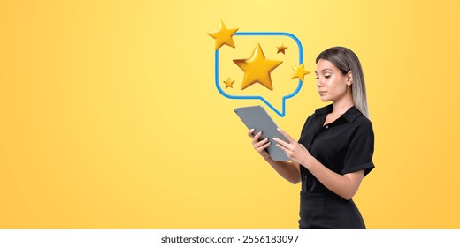 Woman holding tablet, review stars in speech bubble above, on a yellow background. Concept of online customer feedback, reputation, and service - Powered by Shutterstock