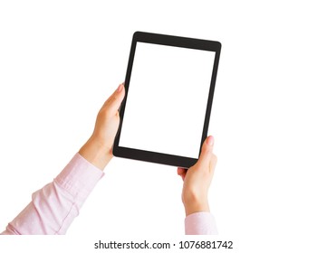 Woman Holding Tablet Vertically In Hands With Empty White Screen.