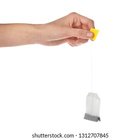 Woman Holding Tea Bag On White Background