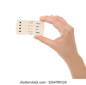 Woman Holding Test For HIV, Hepatitis B, C And Syphilis On White Background