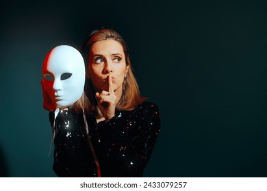 Woman Holding a Theatre Mask Making Silence Gesture
Upset performer annoyed by noisy audience at her show
