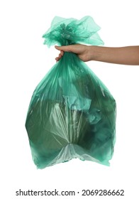 Woman Holding Trash Bag Filled With Garbage On White Background, Closeup