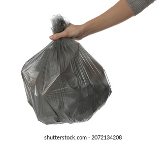 Woman Holding Trash Bag Filled With Garbage On White Background, Closeup