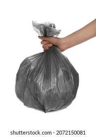 Woman Holding Trash Bag Filled With Garbage On White Background, Closeup