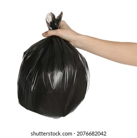 Woman Holding Trash Bag Filled With Garbage On White Background, Closeup