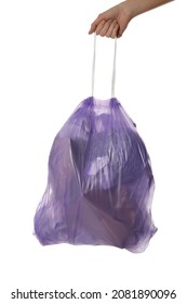 Woman Holding Trash Bag Filled With Garbage On White Background, Closeup