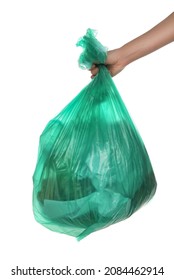 Woman Holding Trash Bag Filled With Garbage On White Background, Closeup