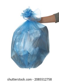 Woman Holding Trash Bag Filled With Garbage On White Background, Closeup