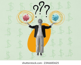 Woman holding two piggy banks symbols of choosing pension plan.