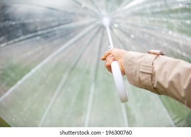 Woman Holding Umbrella. Focus On Hand